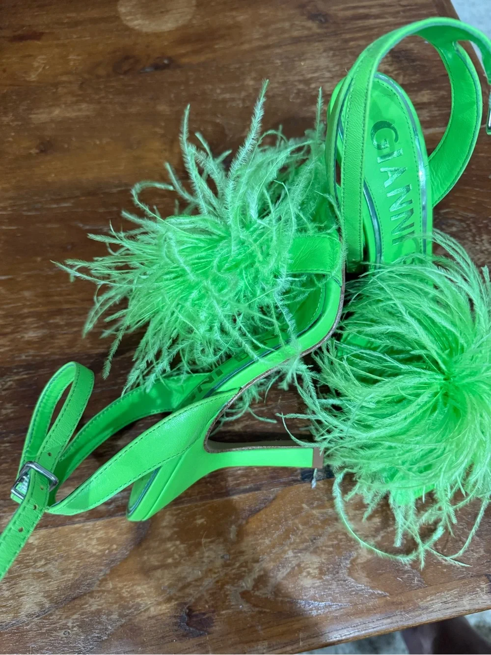 Gianni Bini Neon Green Feather Pom Slingback Heels
